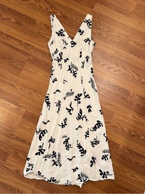 Paper Heart Printed Linen Blend Midi Dress Black White Size Medium